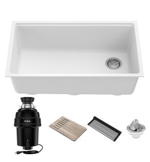 Kraus KGUW1-33WH-100-100 Bellucci 32" Undermount Single Basin Granite Composite Kitchen Sink With Drying Rack, Basket Strainer, Cutting Board, And Garbage Disposal in White