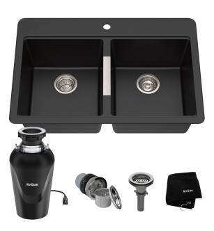 Kraus KGD-433B-100-75MB Quarza 33" Undermount Double Basin Granite Kitchen Sink With Basket Strainer And Garbage Disposal in Black Onyx