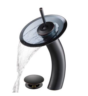 Kraus KGW-1700-PU-10ORB-BLCL Waterfall Single Hole Vessel Bathroom Faucet - Metal Pop-Up Drain Included in Oil Rubbed Bronze