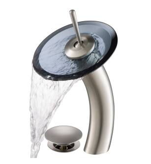 Kraus KGW-1700-PU-10SN-BLCL Waterfall Single Hole Vessel Bathroom Faucet - Metal Pop-Up Drain Included in Satin Nickel