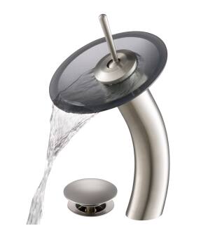 Kraus KGW-1700-PU-10SN-BLFR Waterfall Single Hole Vessel Bathroom Faucet - Metal Pop-Up Drain Included in Satin Nickel