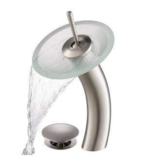 Kraus KGW-1700-PU-10SN-FR Waterfall Single Hole Vessel Bathroom Faucet - Metal Pop-Up Drain Included in Satin Nickel