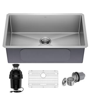 Kraus KHU100-30-100-100MB Standart Pro 30" Undermount Single Basin Stainless Steel Kitchen Sink With Basin Rack, Basket Strainer, Cutting Board, And Garbage Disposal in Satin