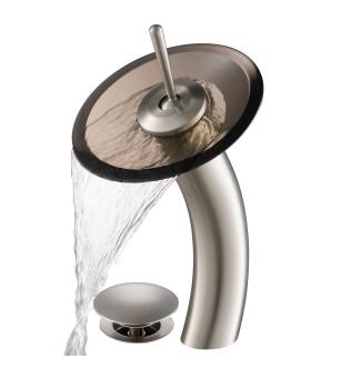 Kraus KGW-1700-PU-10SN-BRCL Waterfall Single Hole Vessel Bathroom Faucet - Metal Pop-Up Drain Included in Satin Nickel