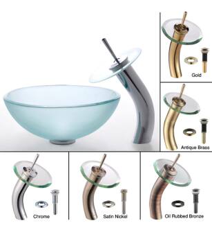 Kraus C-GV-101FR-14-12mm-10G Bathroom Combo - 14" Frosted Glass Vessel Bathroom Sink With Vessel Faucet, Pop-Up Drain, And Mounting Ring in Gold