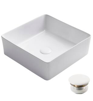 Kraus KCV-202GWH-20 Viva 15-9/16" Square Vitreous China Vessel Bathroom Sink With Pop-Up Drain Assembly in White