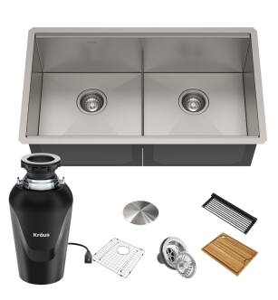 Kraus KWU112-33-100-75MB Kore 33" Undermount Double Basin Stainless Steel Kitchen Sink With Basin Rack, Basket Strainer, Cutting Board, And Garbage Disposal in Stainless Steel