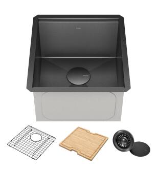 Kraus KWU1101-17-PGM Kore 17" Undermount Single Basin Stainless Steel Kitchen Sink With Basin Rack, Basket Strainer And Cutting Board in Gunmetal