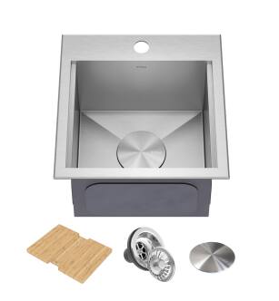 Kraus KWT321-15 Kore 15" Drop In Single Basin Stainless Steel Bar Sink With Basket Strainer And Cutting Board in Stainless Steel