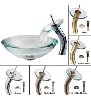 Kraus C-GV-150-19mm-10AB Bathroom Combo - 17" Clear Glass Vessel Bathroom Sink With Vessel Faucet, Pop-Up Drain, And Mounting Ring in Antique Brass