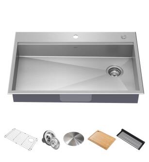 Kraus KWT310-33/5.5 Kore 33&#8221; Ada Workstation Drop-In Topmount Single Basin Stainless Steel Kitchen Sink With Accessories in Stainless Steel