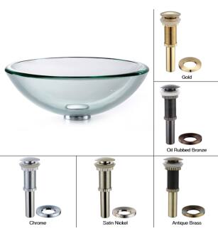 Kraus GV-101-19mm-SN 17" Clear Glass Vessel Bathroom Sink - Includes Pop-Up Drain And Mounting Ring in Satin Nickel