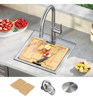 Kraus KWT321-15-316 Kore 15" Drop In Single Basin Stainless Steel Kitchen Sink With Basket Strainer, Cutting Board, And Noisedefend Technology in Stainless Steel