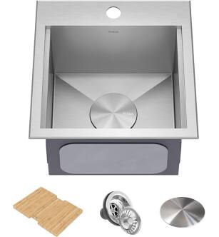 Kraus KWT321-15-316 Kore 15" Drop In Single Basin Stainless Steel Kitchen Sink With Basket Strainer, Cutting Board, And Noisedefend Technology in Stainless Steel