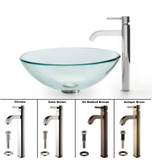 Kraus C-GV-101-12mm-1007AB 16-1/2" Clear Glass Vessel Bathroom Sink With Vessel Faucet, Pop-Up Drain, And Mounting Ring in Antique Brass