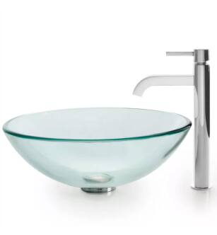 Kraus C-GV-101-12mm-1007CH 16-1/2" Clear Glass Vessel Bathroom Sink With Vessel Faucet, Pop-Up Drain, And Mounting Ring in Chrome