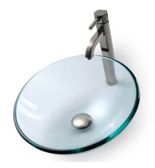 Kraus C-GV-101-12mm-1007SN 16-1/2" Clear Glass Vessel Bathroom Sink With Vessel Faucet, Pop-Up Drain, And Mounting Ring in Satin Nickel