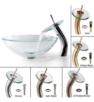 Kraus C-GV-101-12MM-10BC Bathroom Combo - 16-1/2" Clear Glass Vessel Bathroom Sink With Vessel Faucet, Pop-Up Drain, And Mounting Ring in Brushed Copper