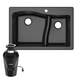 Kraus KGD-442BL-100-75MB Quarza 33" Undermount Double Basin Granite Kitchen Sink With Garbage Disposal in Black