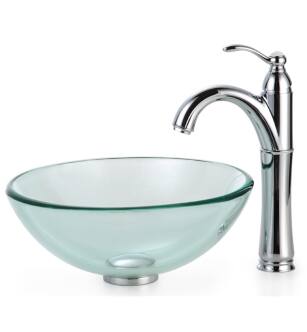 Kraus C-GV-101-14-12mm-1005CH Bathroom Combo - 14" Clear Glass Vessel Bathroom Sink With Vessel Faucet, Pop-Up Drain, And Mounting Ring in Chrome