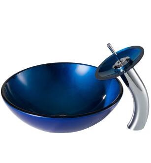 Kraus C-GV-204-12mm-10G Bathroom Combo - 16-1/2" Irruption Blue Glass Vessel Bathroom Sink With Vessel Faucet, Pop-Up Drain, And Mounting Ring in Gold