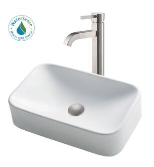Kraus C-KCV-122-1007SN Bathroom Combo - 19-1/4" Ceramic Vessel Bathroom Sink With Vessel Faucet, Pop-Up Drain in Satin Nickel