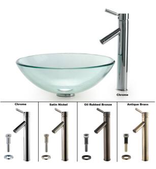 Kraus C-GV-101-12mm-1002CH Bathroom Combo - 16-1/2" Clear Glass Vessel Bathroom Sink With Vessel Faucet, Pop-Up Drain, And Mounting Ring in Chrome