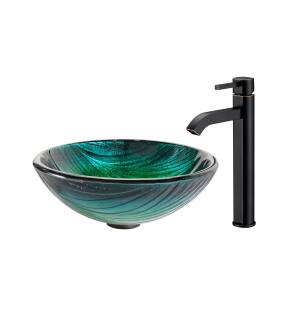 Kraus C-GV-391-19mm-1007ORB Bathroom Combo - 17" Nei Glass Vessel Bathroom Sink With Vessel Faucet, Pop-Up Drain And Mounting Ring in Oil Rubbed Bronze