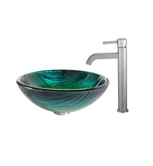 Kraus C-GV-391-19mm-1007SN Bathroom Combo - 17" Nei Glass Vessel Bathroom Sink With Vessel Faucet, Pop-Up Drain And Mounting Ring in Satin Nickel