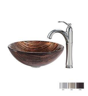 Kraus C-GV-398-19mm-1005SN Bathroom Combo - 17" Gaia Glass Vessel Bathroom Sink With Vessel Faucet, Pop-Up Drain And Mounting Ring in Satin Nickel