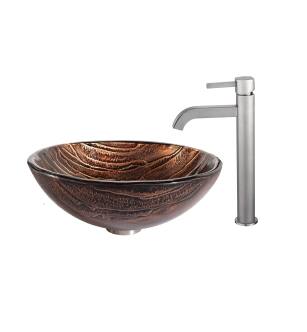 Kraus C-GV-398-19mm-1007SN Bathroom Combo - 17" Gaia Glass Vessel Bathroom Sink With Vessel Faucet, Pop-Up Drain And Mounting Ring in Satin Nickel