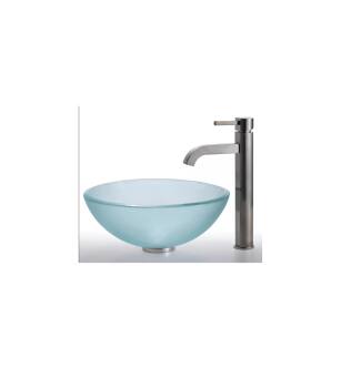Kraus C-GV-101FR-14-12mm-1007SN Bathroom Combo - 14" Frosted Glass Vessel Bathroom Sink With Vessel Faucet, Pop-Up Drain, And Mounting Ring in Satin Nickel