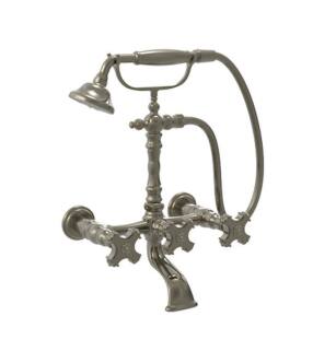Phylrich 162-53/014 Old Tyme 7" Double Cross Handle Wall Mount Exposed Tub Filler with Handshower in Polished Nickel