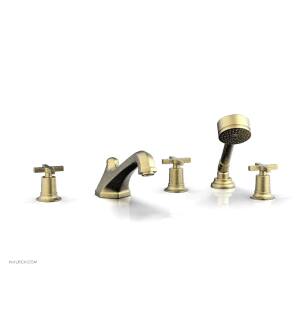 Phylrich 501-48/24B Hex Modern 9 1/2" Three Cross Handle Widespread/Deck Mounted Roman Tub Faucet with Handshower in Gold