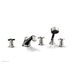 Phylrich 501-48/014 Hex Modern 9 1/2" Three Cross Handle Widespread/Deck Mounted Roman Tub Faucet with Handshower in Polished Nickel