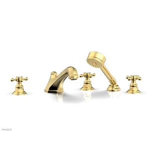 Phylrich 500-48/024 Hex Traditional 9 3/8" Three Cross Handle Widespread/Deck Mounted Roman Tub Faucet with Handshower in Satin Gold