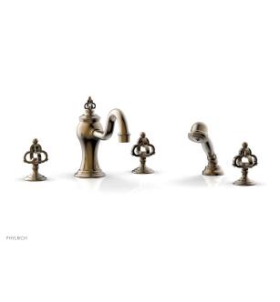 Phylrich 163-48/047 Couronne 9 1/2" Three Cross Handle Widespread/Deck Mounted Tub Faucet with Handshower in Brass/Antique Brass
