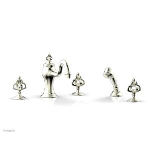 Phylrich 163-48/015 Couronne 9 1/2" Three Cross Handle Widespread/Deck Mounted Tub Faucet with Handshower in Satin Nickel