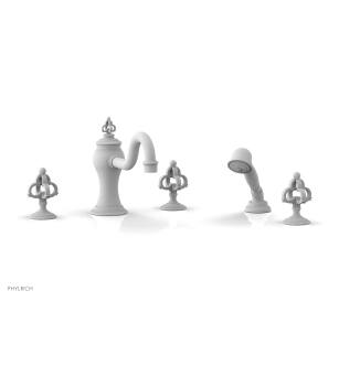 Phylrich 163-48/050 Couronne 9 1/2" Three Cross Handle Widespread/Deck Mounted Tub Faucet with Handshower in White
