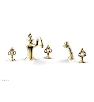 Phylrich 163-48/004 Couronne 9 1/2" Three Cross Handle Widespread/Deck Mounted Tub Faucet with Handshower in Satin Brass