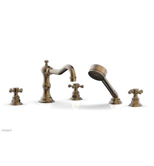 Phylrich 161-48/047 Henri 8 5/8" Three Cross Handle Widespread/Deck Mounted Roman Tub Faucet with Handshower in Brass/Antique Brass