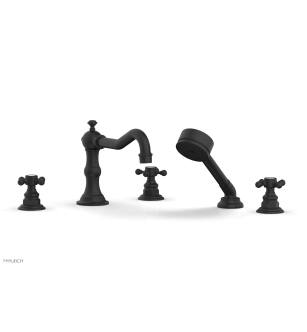 Phylrich 161-48/040 Henri 8 5/8" Three Cross Handle Widespread/Deck Mounted Roman Tub Faucet with Handshower in Black