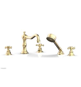 Phylrich 161-48/004 Henri 8 5/8" Three Cross Handle Widespread/Deck Mounted Roman Tub Faucet with Handshower in Satin Brass
