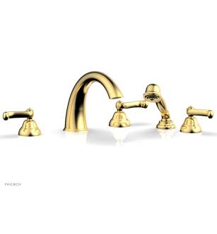 Phylrich D2202T1/024 Revere & Savannah 11 3/8" Three Curved Lever Handle Widespread/Deck Mounted High Spout Roman Tub Faucet with Handshower in Satin Gold