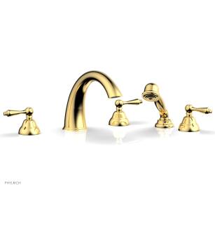 Phylrich D2200T1/024 Revere & Savannah 11 1/2" Three Straight Lever Handle Widespread/Deck Mounted High Spout Roman Tub Faucet with Handshower in Satin Gold